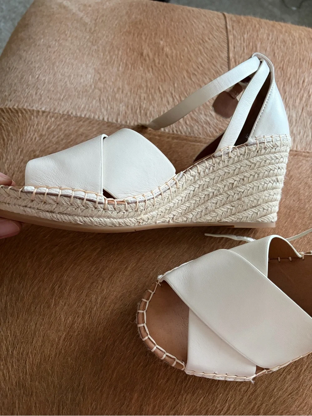 gentle souls White Leather Crisscross Espadrille Wedge Sandals